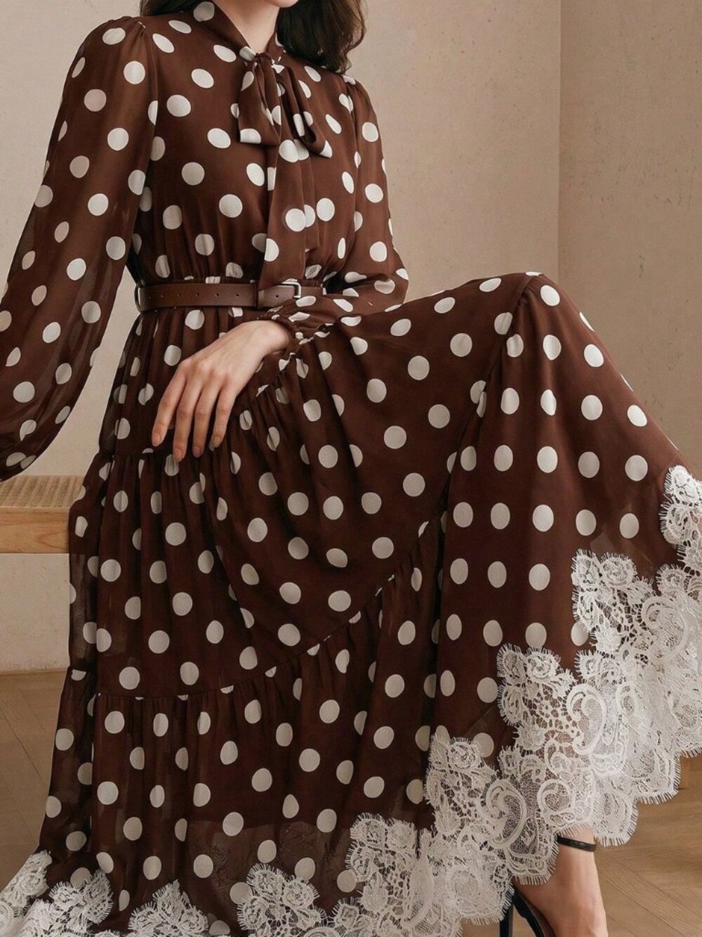Coffee Elegant Women's Polka Dot Chiffon Lace Tie Waist Long Sleeve Dress - Picture 6 of 7